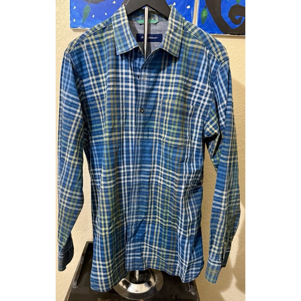 Tommy Bahama Mens Large Blue Plaid 100% Cotton Long Sleeve Button Down Shirt